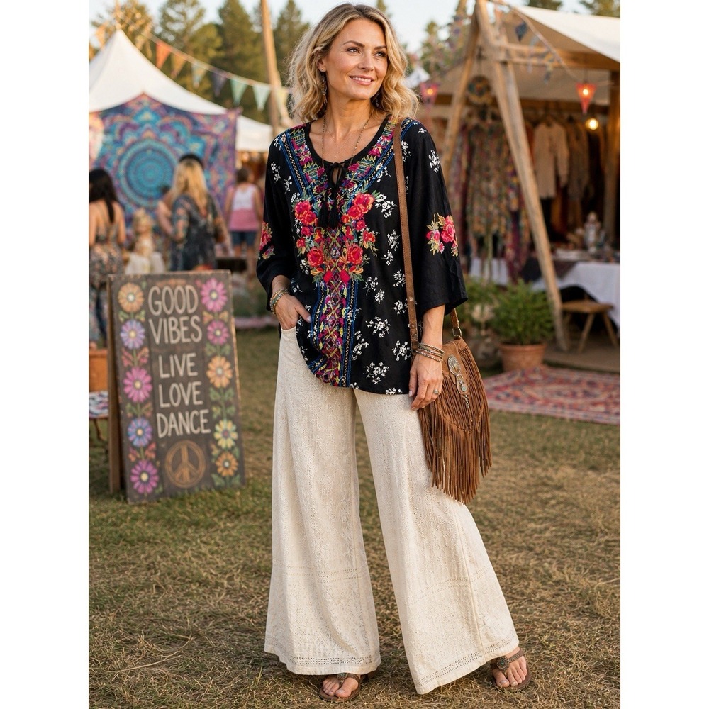 Calessa Embroidered Tunic XL Top BOHO Roll Tab Sleeve Hippie Festival Indie LL03